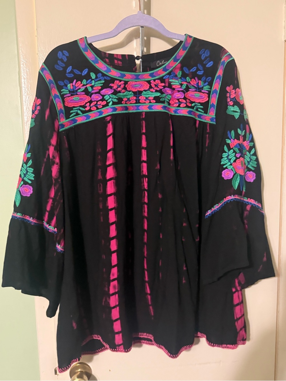 Chico's Black Embroidered Floral Peasant Blouse with Pink Accents